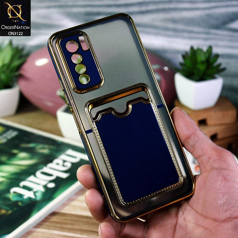 Tecno Camon 17 Pro Cover - Blue - Semi Transparent Golden Electroplated Soft Border Camera Protection Case With Card Holder