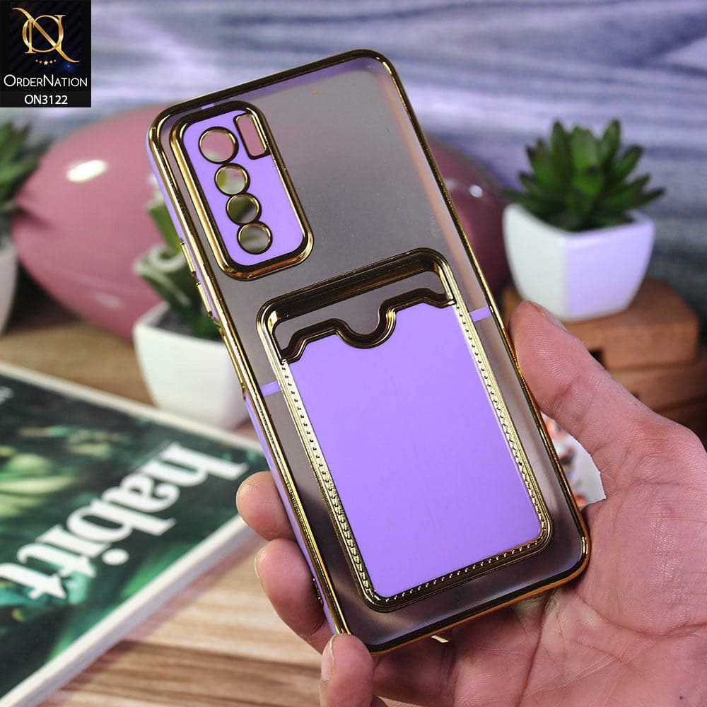 Tecno Camon 17 Pro Cover - Purple - Semi Transparent Golden Electroplated Soft Border Camera Protection Case With Card Holder