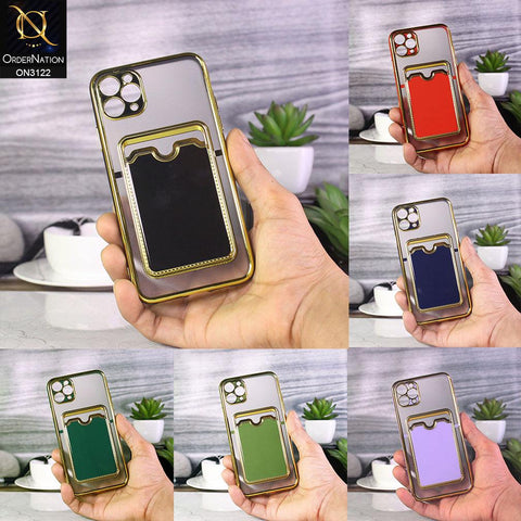 iPhone 11 Pro Max Cover - Red - Semi Transparent Golden Electroplated Soft Border Camera Protection Case With Card Holder