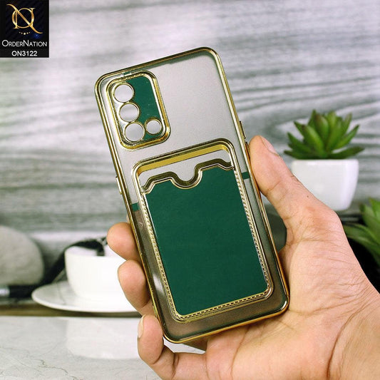 Oppo F19 Cover - Dark Green - Semi Transparent Golden Electroplated Soft Border Camera Protection Case With Card Holder