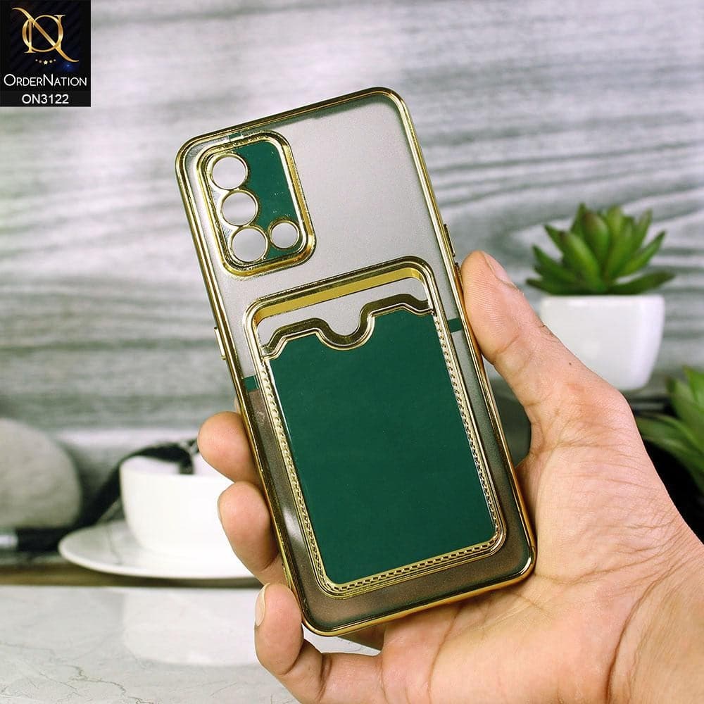 Oppo A74 Cover - Dark Green - Semi Transparent Golden Electroplated Soft Border Camera Protection Case With Card Holder