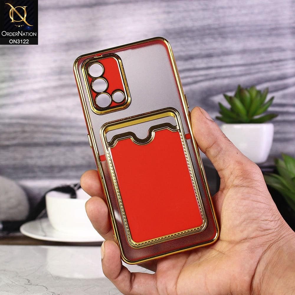 Oppo F19 Cover - Red - Semi Transparent Golden Electroplated Soft Border Camera Protection Case With Card Holder