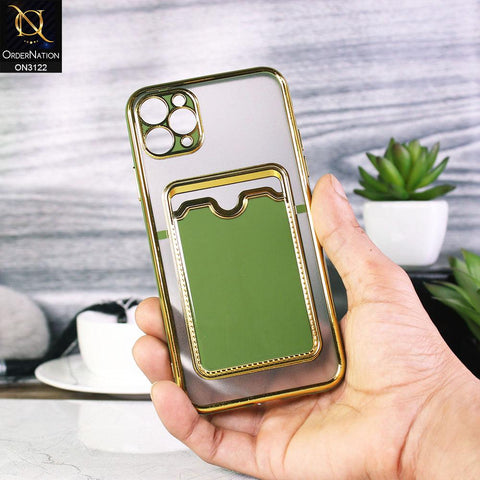 iPhone 11 Pro Max Cover - Light Green - Semi Transparent Golden Electroplated Soft Border Camera Protection Case With Card Holder