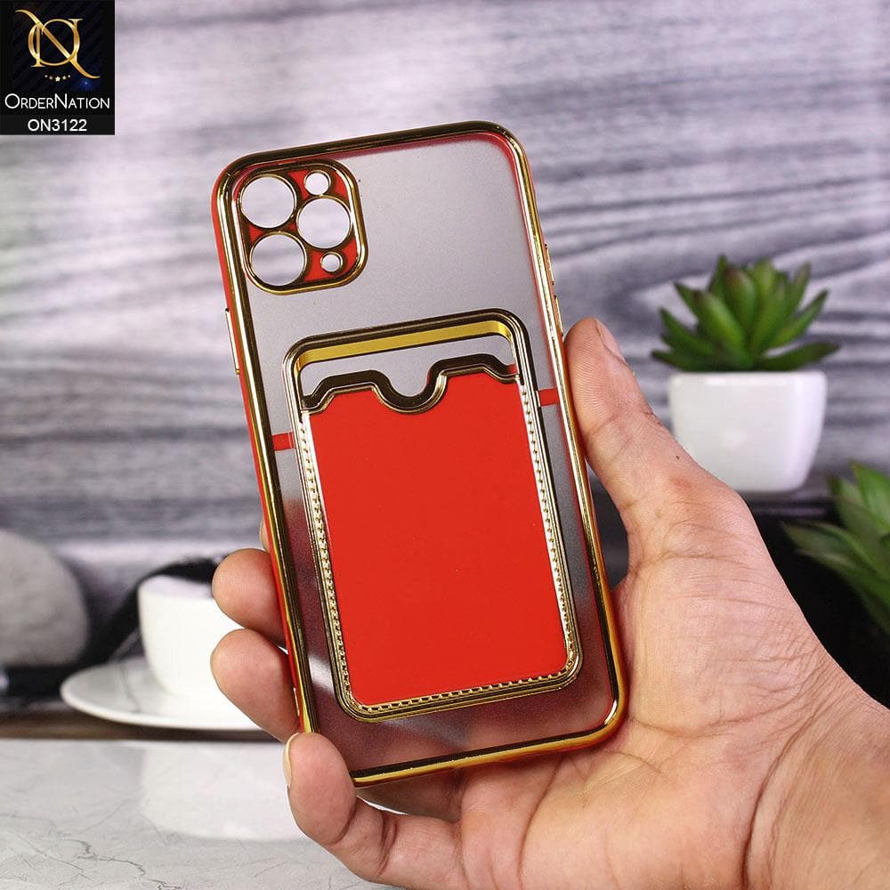 iPhone 11 Pro Max Cover - Red - Semi Transparent Golden Electroplated Soft Border Camera Protection Case With Card Holder