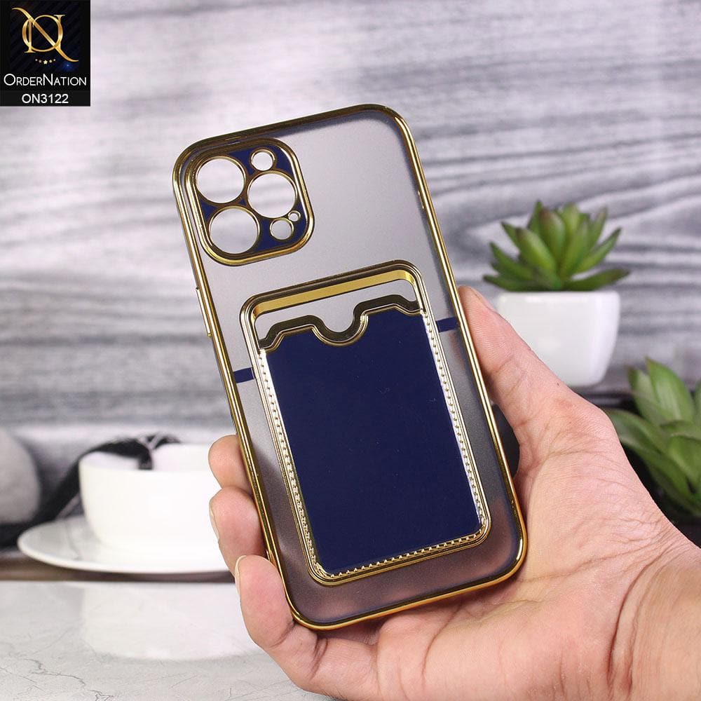 iPhone 12 Pro Max Cover - Blue - Semi Transparent Golden Electroplated Soft Border Camera Protection Case With Card Holder