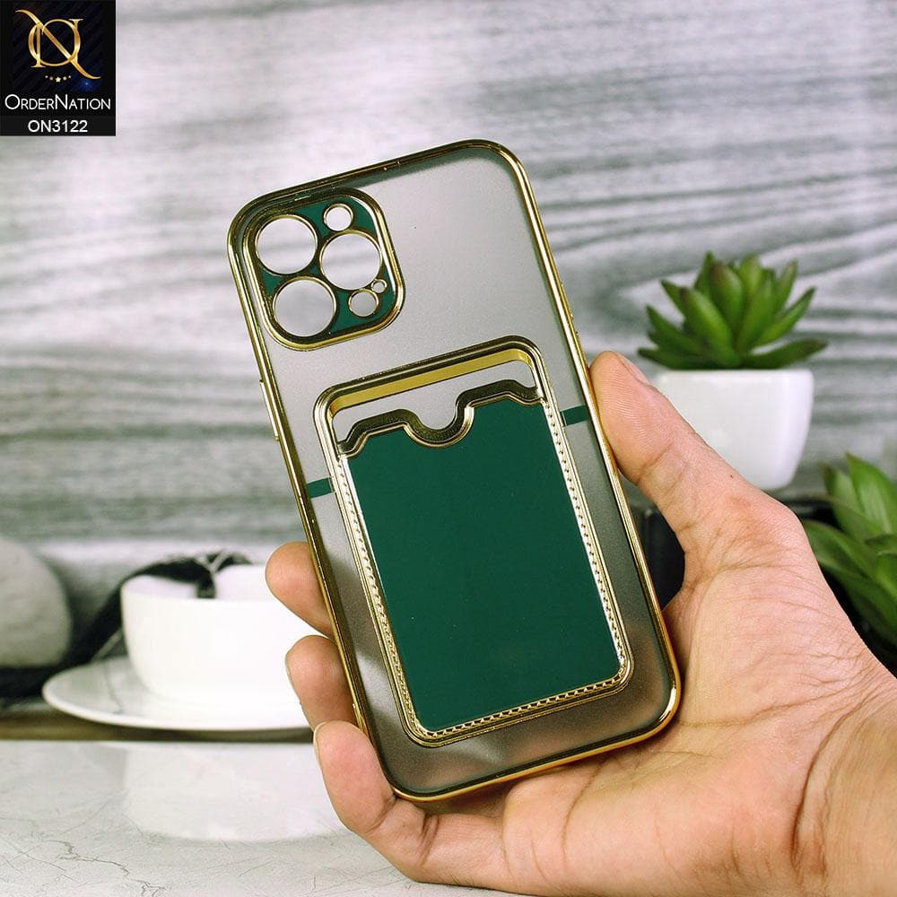 iPhone 12 Pro Max Cover - Dark Green - Semi Transparent Golden Electroplated Soft Border Camera Protection Case With Card Holder