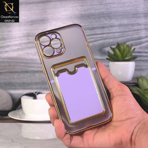 iPhone 12 Pro Max Cover - Purple - Semi Transparent Golden Electroplated Soft Border Camera Protection Case With Card Holder