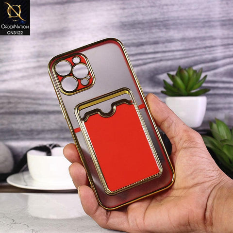 iPhone 12 Pro Max Cover - Red - Semi Transparent Golden Electroplated Soft Border Camera Protection Case With Card Holder