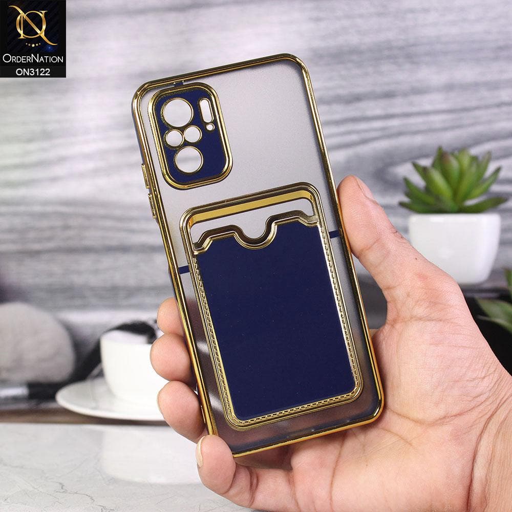 Xiaomi Redmi Note 10S Cover - Blue - Semi Transparent Golden Electroplated Soft Border Camera Protection Case With Card Holder