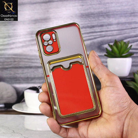 Xiaomi Redmi Note 10S Cover - Red - Semi Transparent Golden Electroplated Soft Border Camera Protection Case With Card Holder