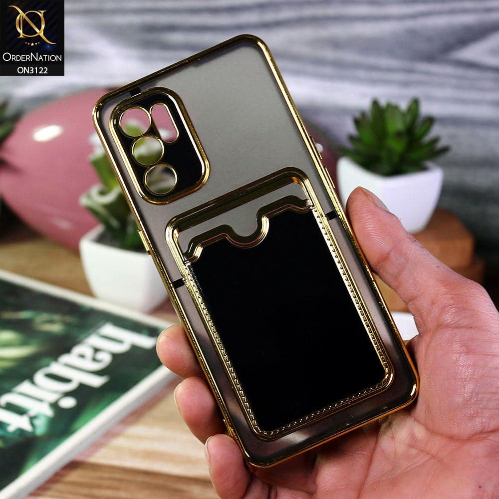 Oppo Reno 6 Cover - Black - Semi Transparent Golden Electroplated Soft Border Camera Protection Case With Card Holder