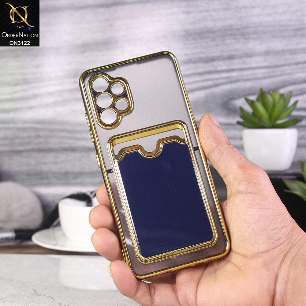 Samsung Galaxy A32 4G Cover - Blue - Semi Transparent Golden Electroplated Soft Border Camera Protection Case With Card Holder