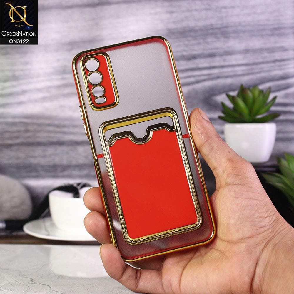 Vivo Y12s Cover - Red - Semi Transparent Golden Electroplated Soft Border Camera Protection Case With Card Holder