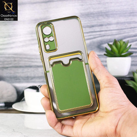 Vivo Y51a Cover - Light Green - Semi Transparent Golden Electroplated Soft Border Camera Protection Case With Card Holder