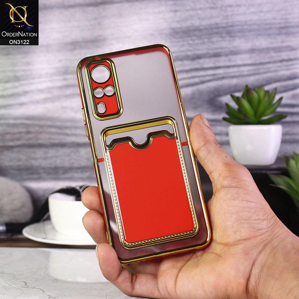 Vivo Y51a Cover - Red - Semi Transparent Golden Electroplated Soft Border Camera Protection Case With Card Holder