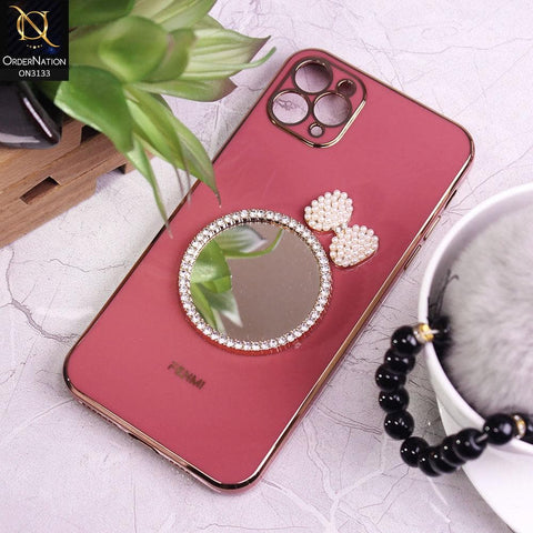 iPhone 11 Pro Cover - Dark Pink - Electroplated Borders Diamond Mirror Pearl Bow Shiny Soft Case with Camera Protection