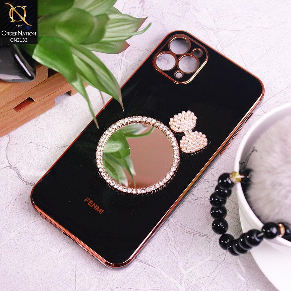 iPhone 11 Pro Max Cover - Black - Electroplated Borders Diamond Mirror Pearl Bow Shiny Soft Case with Camera Protection