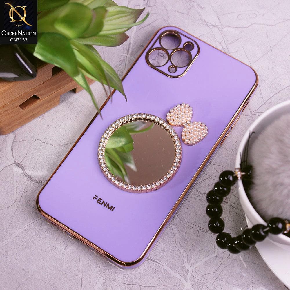 iPhone 11 Pro Max Cover - Purple - Electroplated Borders Diamond Mirror Pearl Bow Shiny Soft Case with Camera Protection