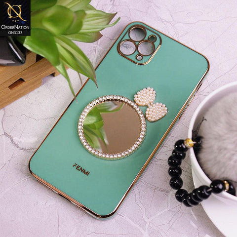 iPhone 11 Pro Max Cover - Turqoise - Electroplated Borders Diamond Mirror Pearl Bow Shiny Soft Case with Camera Protection