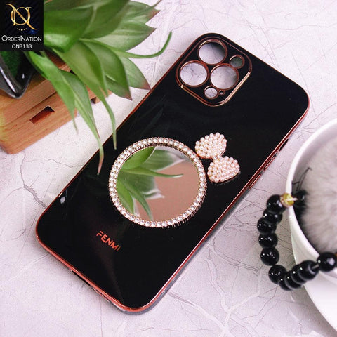 iPhone 12 Pro Max Cover - Black - Electroplated Borders Diamond Mirror Pearl Bow Shiny Soft Case with Camera Protection