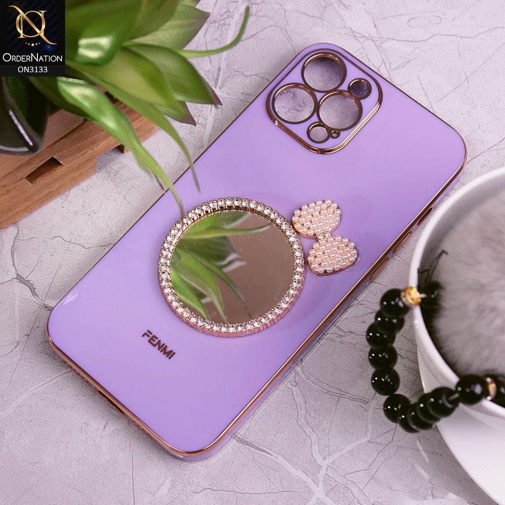 iPhone 12 Pro Cover - Purple - Electroplated Borders Diamond Mirror Pearl Bow Shiny Soft Case with Camera Protection