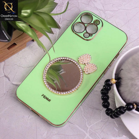iPhone 12 Pro Max Cover - Green - Electroplated Borders Diamond Mirror Pearl Bow Shiny Soft Case with Camera Protection