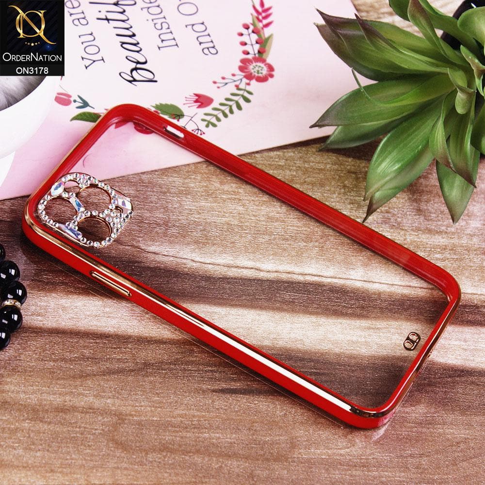 iPhone 11 Pro Max Cover - Red - Electroplating Soft Square Straight Edge Transparent Soft Case With Rhinestone Camera Protection