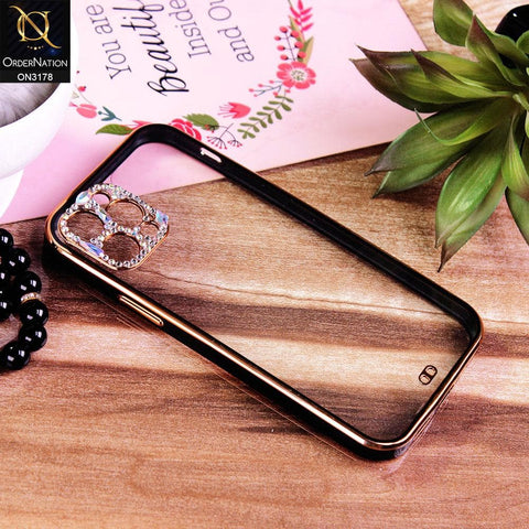 iPhone 12 Pro Cover - Black - Electroplating Soft Square Straight Edge Transparent Soft Case With Rhinestone Camera Protection