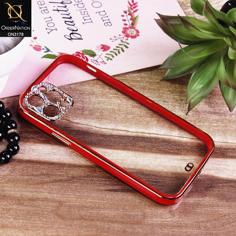 iPhone 12 Pro Max Cover - Red - Electroplating Soft Square Straight Edge Transparent Soft Case With Rhinestone Camera Protection