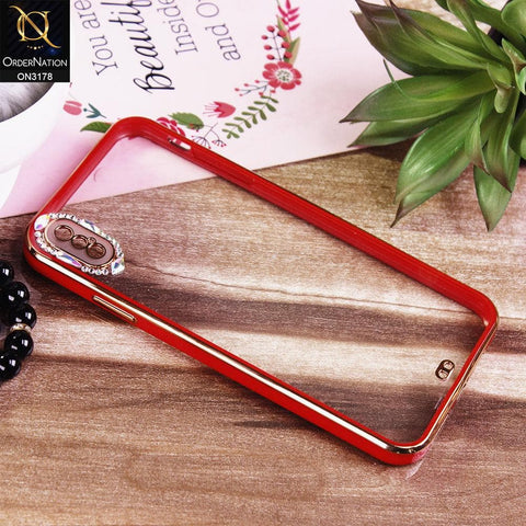 iPhone XS / X Cover - Red - Electroplating Soft Square Straight Edge Transparent Soft Case With Rhinestone Camera Protection