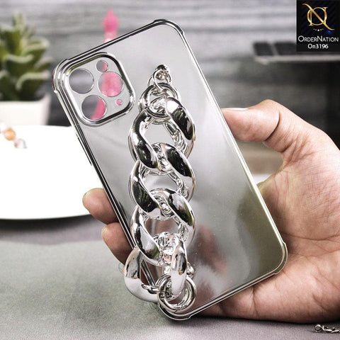 iPhone 11 Pro Max Cover - Silver - Luxury Mirror Shine Color Electroplated Soft TPU Case With Bracelate Holder