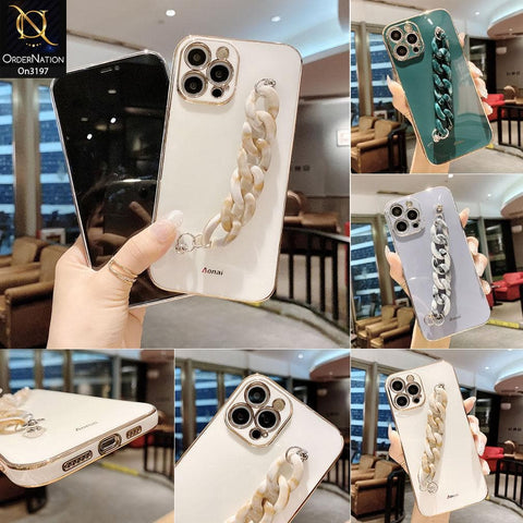 iPhone 12 Pro Cover - White - Shiny Electroplated Borders Camera Protection Case with Marble Style Chain Holder
