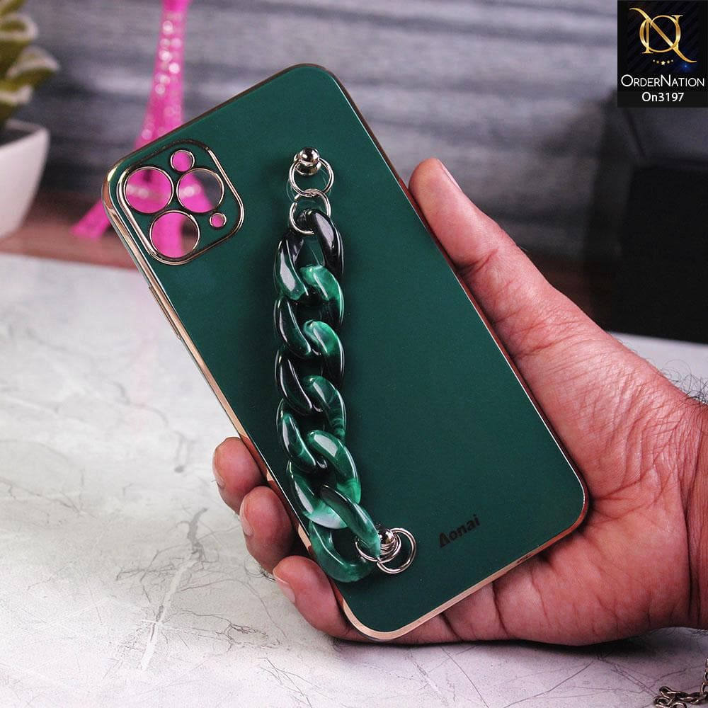 iPhone 11 Pro Max Cover - Green - Shiny Electroplated Borders Camera Protection Case with Marble Style Chain Holder