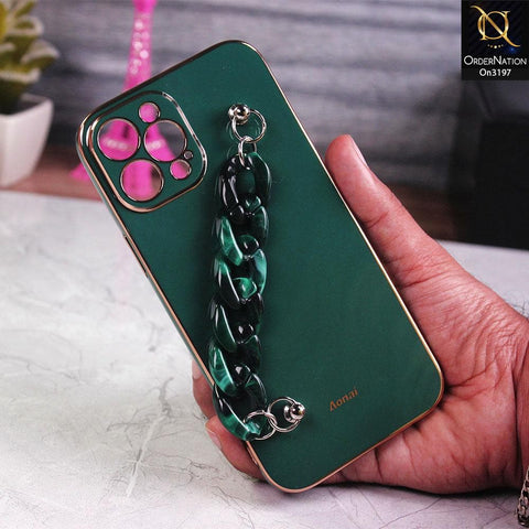 iPhone 12 Pro Max Cover - Green - Shiny Electroplated Borders Camera Protection Case with Marble Style Chain Holder