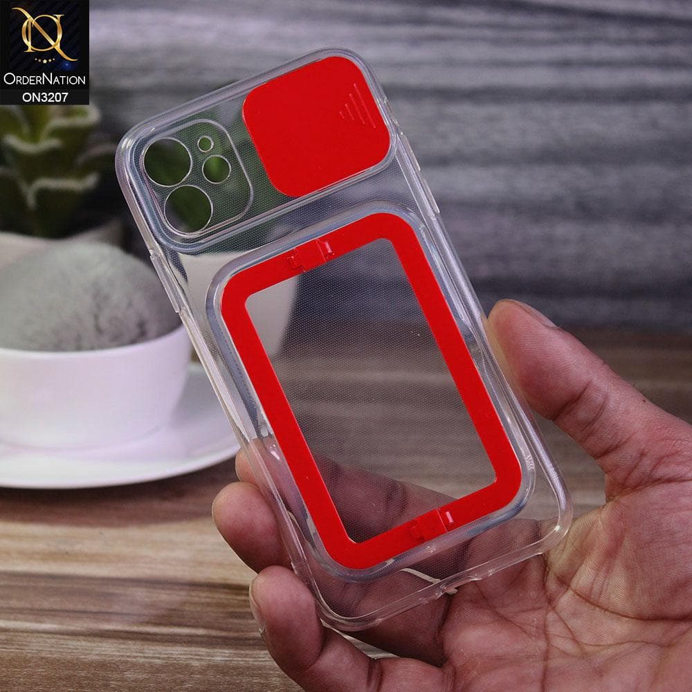 iPhone 11 Cover - Red - Grip Stand Holder Camera Protection Soft Transparent Case