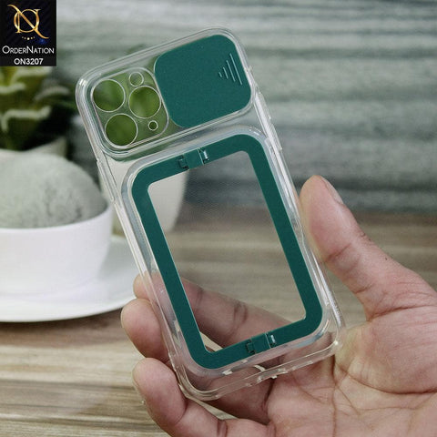 iPhone 11 Pro Max Cover - Green - Grip Stand Holder Camera Protection Soft Transparent Case