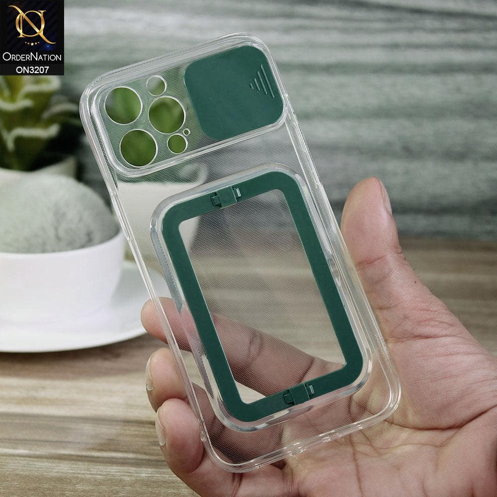 iPhone 12 Pro Max Cover - Green - Grip Stand Holder Camera Protection Soft Transparent Case