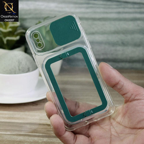 iPhone XS / X Cover - Green - Grip Stand Holder Camera Protection Soft Transparent Case