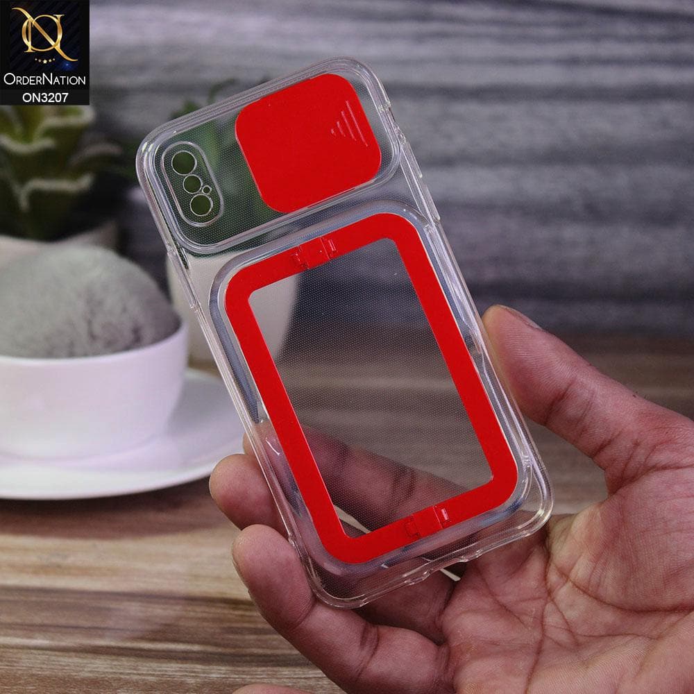 iPhone XS / X Cover - Red - Grip Stand Holder Camera Protection Soft Transparent Case