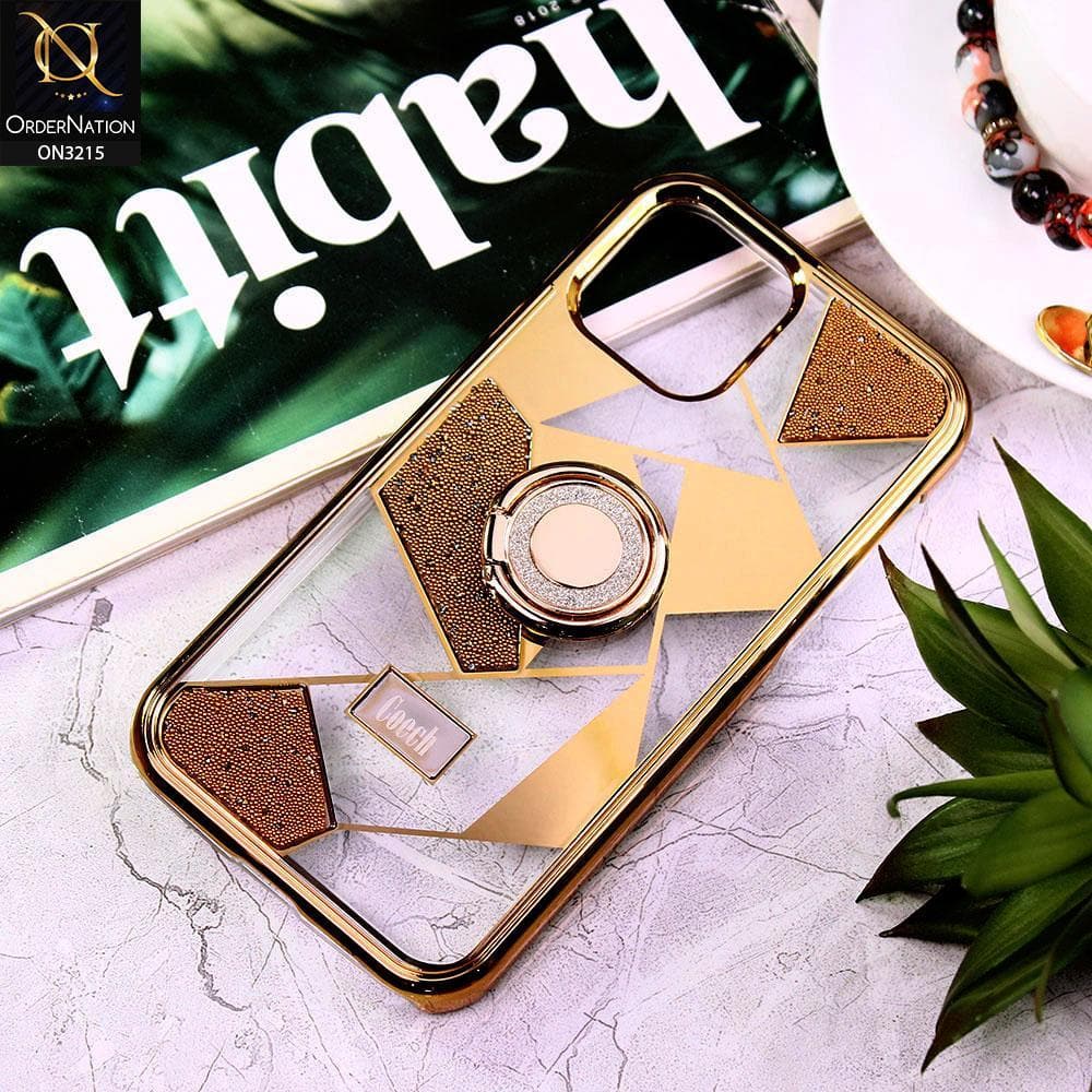 iPhone 12 Pro Cover - Golden - Premium Quality Electroplated Clear Pattern Stylish Case with Bling Ring Holder