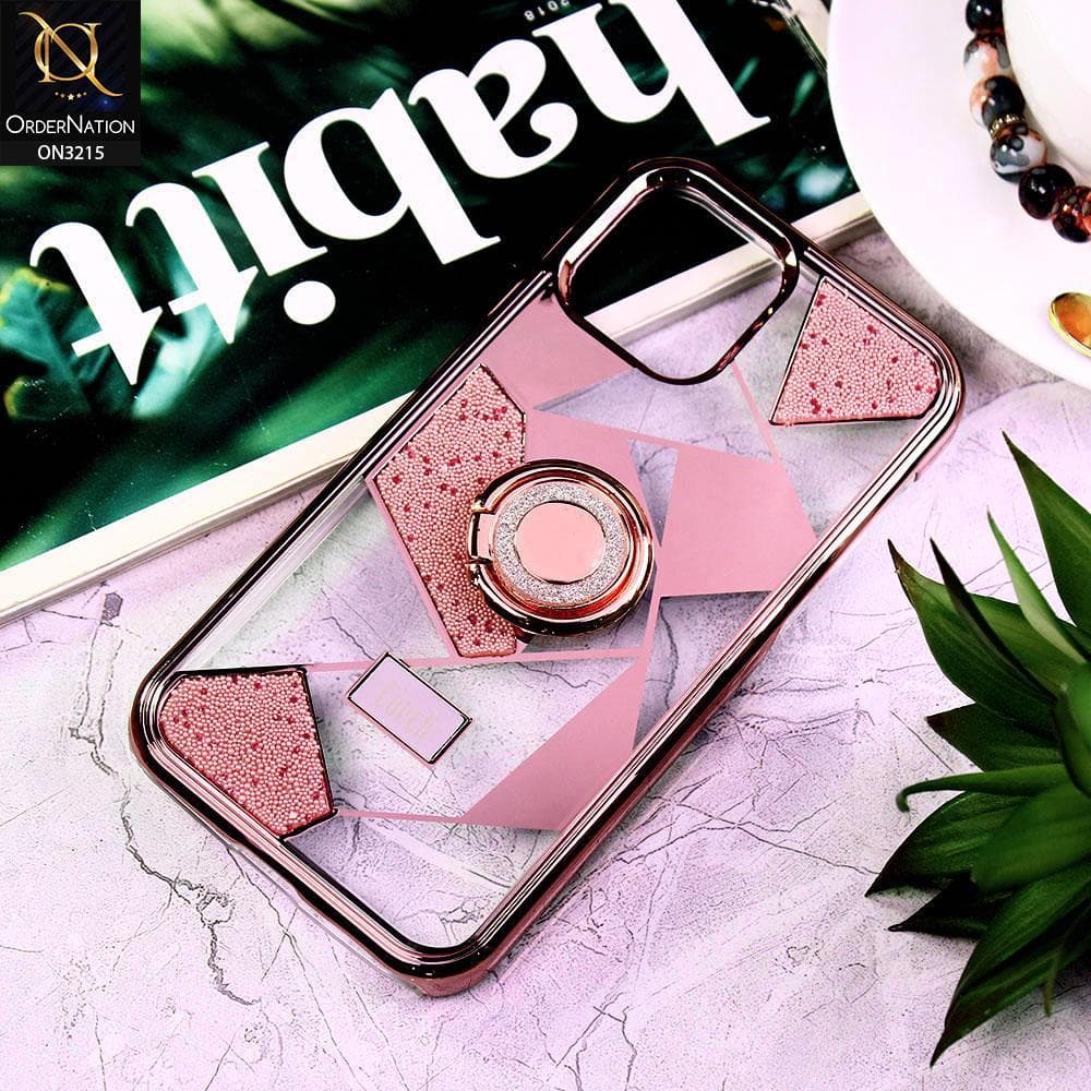 iPhone 12 Cover - Rose Gold - Premium Quality Electroplated Clear Pattern Stylish Case with Bling Ring Holder