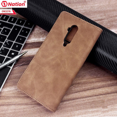 OnePlus 7 Pro Cover - Light Brown - ONation Business Flip Series - Premium Magnetic Leather Wallet Flip book Card Slots Soft Case