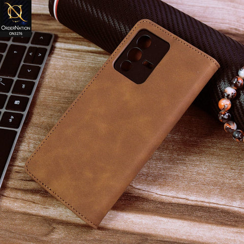 Vivo S12 Cover - Light Brown - ONation Business Flip Series - Premium Magnetic Leather Wallet Flip book Card Slots Soft Case