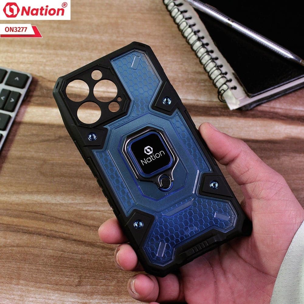 iPhone 13 Pro Cover - Blue - ONation BIBERCAS Series - Honeycomb Shockproof Space Capsule With Magnetic Ring Holder Soft Case