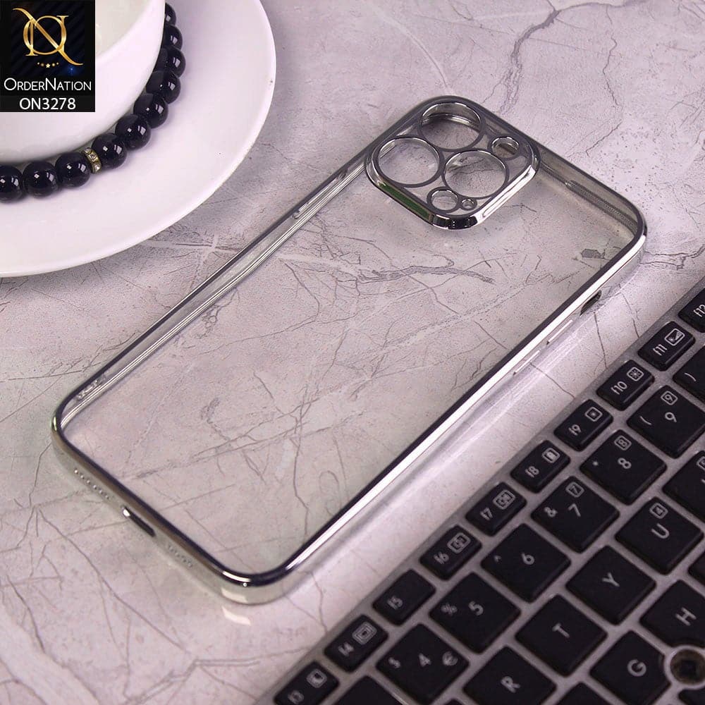 iPhone 13 Pro Max Cover - Silver - Electroplating Color Borders Clear Transparent Camera Protection Soft Case