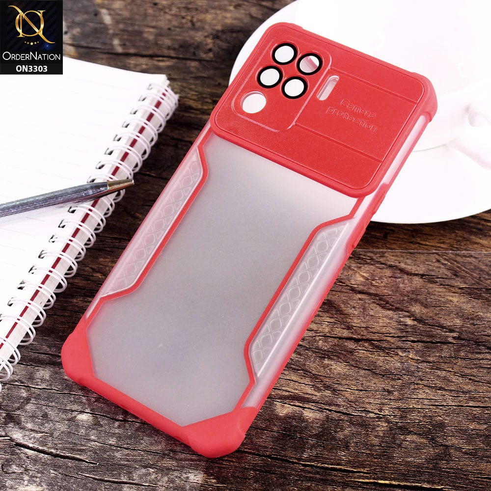 Oppo A94 Cover - Red - Shockproof Hybrid Style Soft Borders Semi Hard Semi Transparent Tempered Camera Lens Protection Case