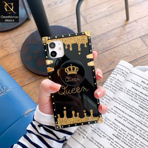 Samsung Galaxy M32 Cover - Black - Golden Electroplated Luxury Square Soft TPU Protective Case with Holder