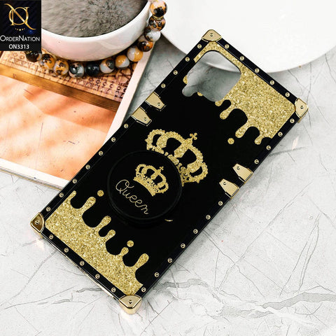 Samsung Galaxy M22 Cover - Black - Golden Electroplated Luxury Square Soft TPU Protective Case with Holder