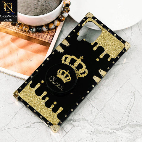 Samsung Galaxy M32 Cover - Black - Golden Electroplated Luxury Square Soft TPU Protective Case with Holder
