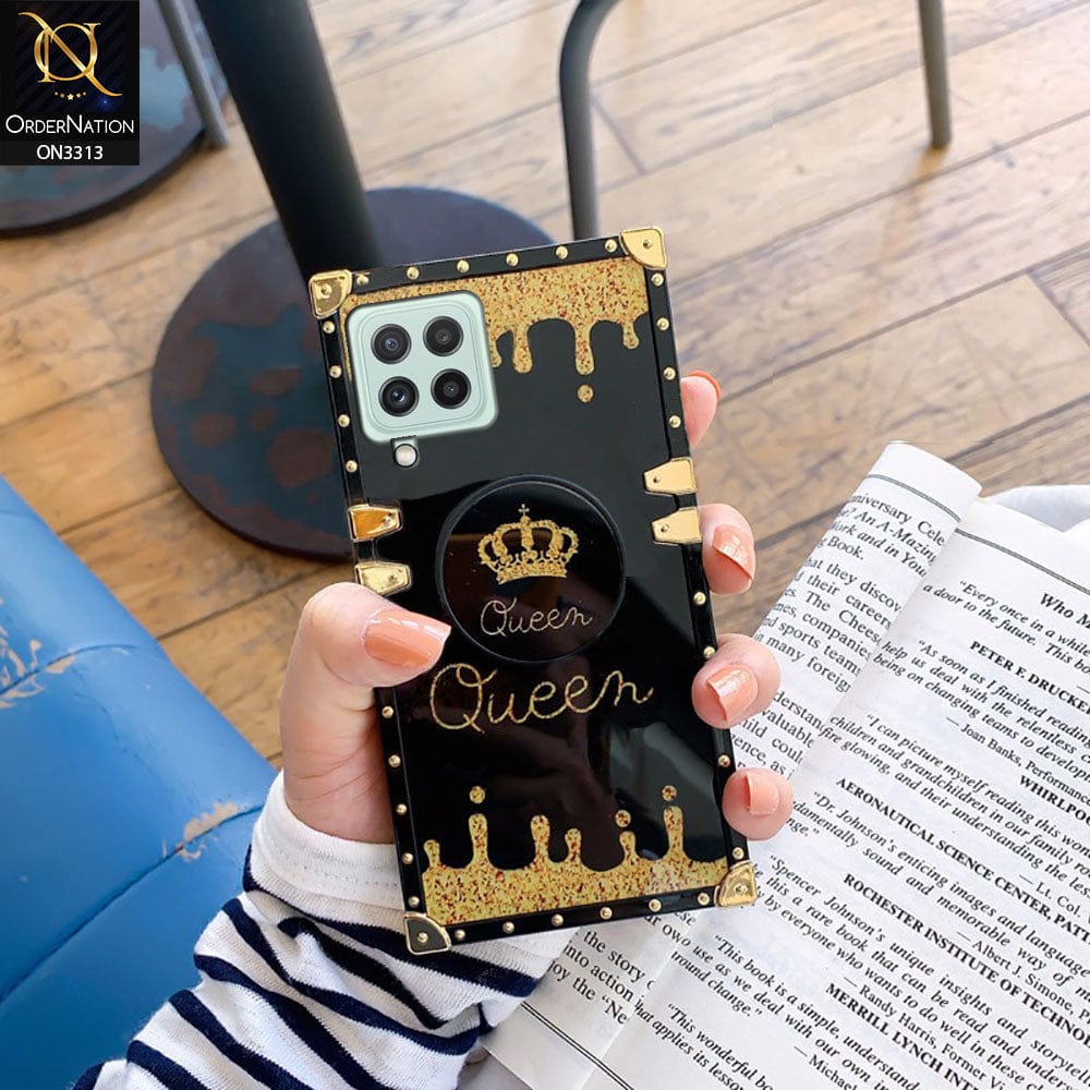 Samsung Galaxy M22 Cover - Black - Golden Electroplated Luxury Square Soft TPU Protective Case with Holder